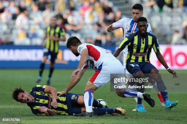 Asdrubal of the Mariners on the ground during the round one A-League match between the Central Coast Mariners and the Newcastle Jets at Central Coast...