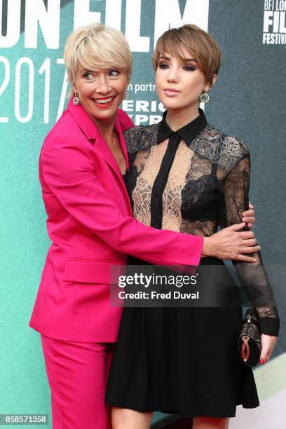 Emma Thompson and Gaia Wise attend "The Meyerowitz Stories" UK Premiere during the 61st BFI London Film Festival at Embankment Gardens Cinema on...