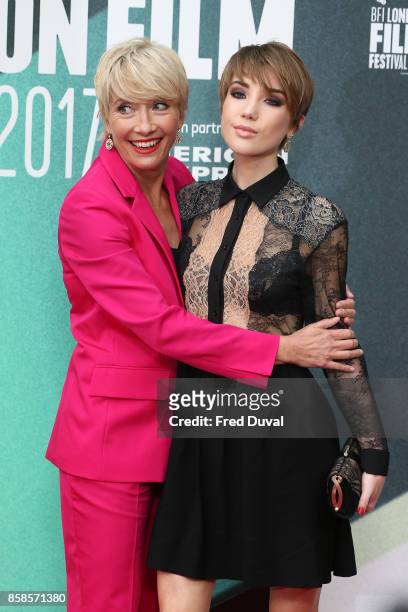 Emma Thompson and Gaia Wise attend "The Meyerowitz Stories" UK Premiere during the 61st BFI London Film Festival at Embankment Gardens Cinema on...