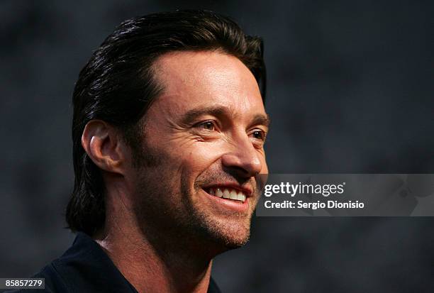 Actor Hugh Jackman looks on during a press conference during the official launch of 'X-Men Origins: Wolverine' on Cockatoo Island on April 8, 2009 in...