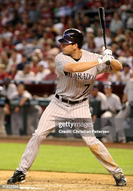 Seth Smith of the Colorado Rockies bats against the Arizona Diamondbacks during the MLB openning day game at Chase Field on April 6, 2009 in Phoenix,...