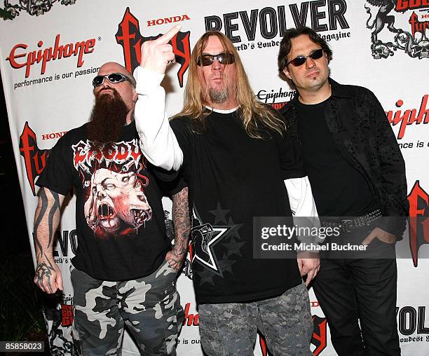 Kerry King, Jeff Hanneman and Dave Lombardo of Slayer arrive at the 1st Annual Epiphone Revolver Golden Gods Awards at the Club Nokia on April 7,...