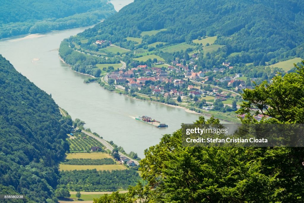 Aerial view of Danube river near Aggsbach village