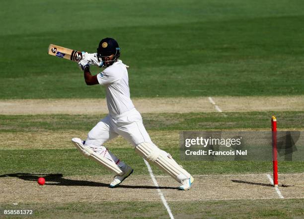 Dimuth Karunaratne of Sri Lanka bats during Day Two of the Second Test between Pakistan and Sri Lanka at Dubai International Cricket Ground on...