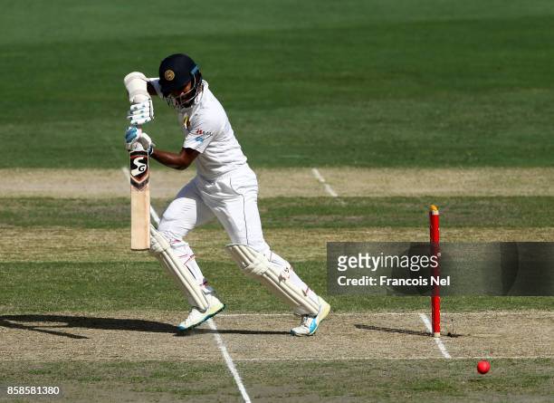Dimuth Karunaratne of Sri Lanka bats during Day Two of the Second Test between Pakistan and Sri Lanka at Dubai International Cricket Ground on...