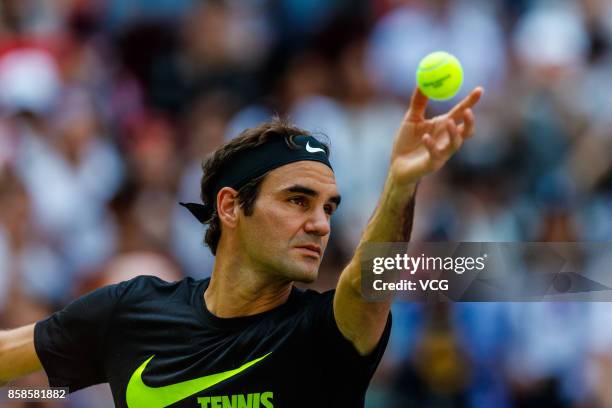 Roger Federer of Switzerland attends a training session for the upcoming 2017 Shanghai Rolex Masters on October 7, 2017 in Shanghai, China.