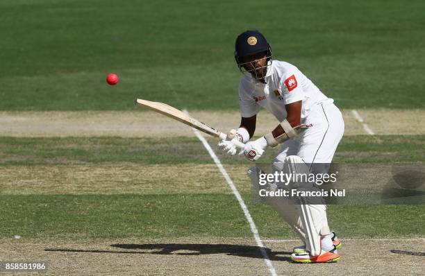 Dinesh Chandimal of Sri Lanka of Sri Lanka bats during Day Two of the Second Test between Pakistan and Sri Lanka at Dubai International Cricket...