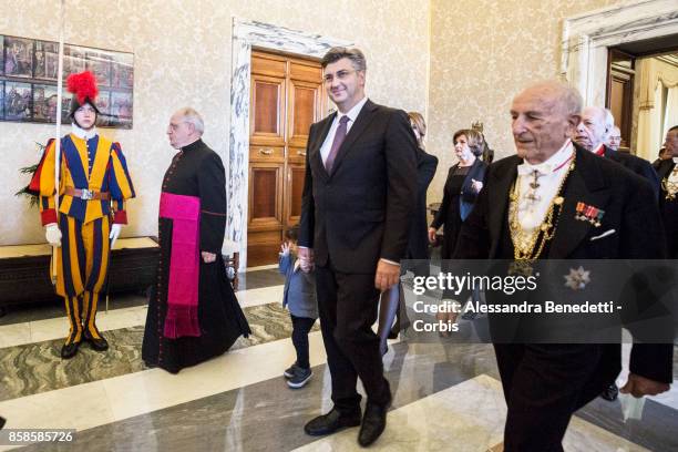 Prime Minister of Croatia Andrej Plenkovic meets with Pope Francis during a private audience on October 7, 2017 in Vatican City, Vatican. The...