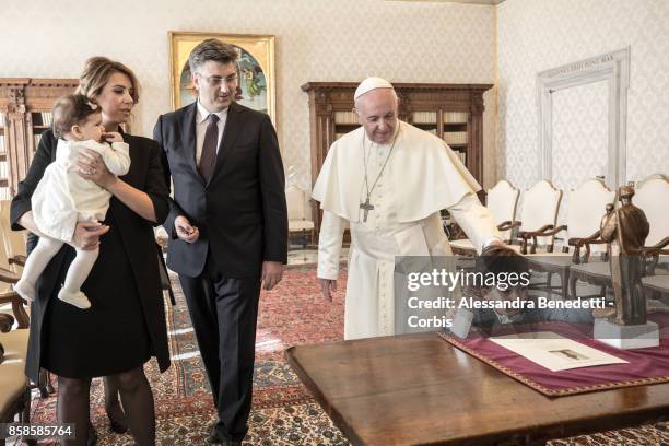 Prime Minister of Croatia Andrej Plenkovic meets with Pope Francis during a private audience on October 7, 2017 in Vatican City, Vatican. The...