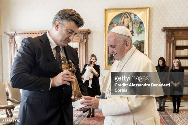 Prime Minister of Croatia Andrej Plenkovic meets with Pope Francis during a private audience on October 7, 2017 in Vatican City, Vatican. The...