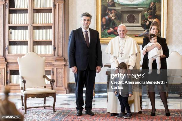 Prime Minister of Croatia Andrej Plenkovic meets with Pope Francis during a private audience on October 7, 2017 in Vatican City, Vatican. The...