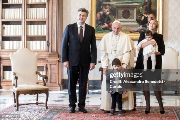 Prime Minister of Croatia Andrej Plenkovic meets with Pope Francis during a private audience on October 7, 2017 in Vatican City, Vatican. The...