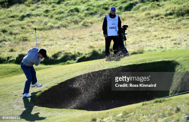 Greg Kinnear, Actor plays out of a bunker during day three of the 2017 Alfred Dunhill Championship at Kingsbarns on October 7, 2017 in St Andrews,...