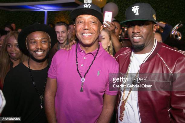 Russell Simmons and Sean Diddy Combs attend Russell Simmons' 60th Birthday Party at his Tantris Yoga Center on October 6, 2017 in West Hollywood,...