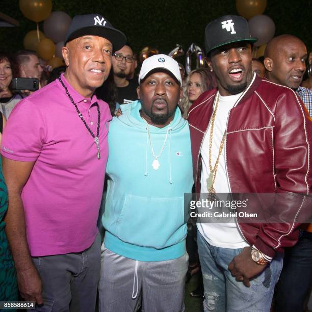 Russell Simmons, O'Neal McKnight and Sean Diddy Combs attend Russell Simmons' 60th Birthday Party at his Tantris Yoga Center on October 6, 2017 in...