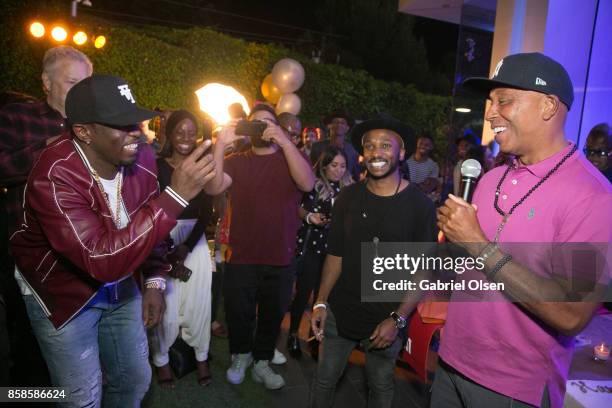 Russell Simmons and Sean Diddy Combs attend Russell Simmons' 60th Birthday Party at his Tantris Yoga Center on October 6, 2017 in West Hollywood,...