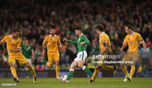 Dublin , Ireland - 6 October 2017; Sean Maguire of Republic of Ireland in action against Moldova players, from left, Artur Ionia, Alexandru Epureanu...