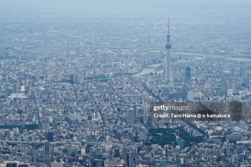 Tokyo Sky Tree in Tokyo in Japan daytime aerial view from airplane