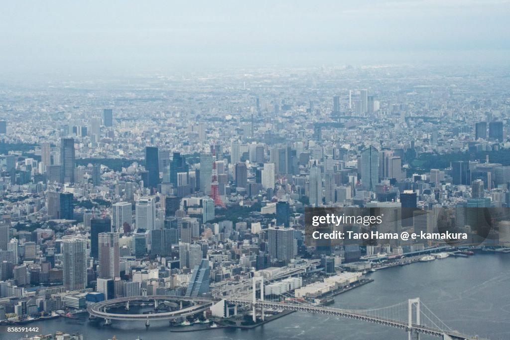 Tokyo Tower and Rainbow Bridge in Tokyo in Japan daytime aerial view from airplane