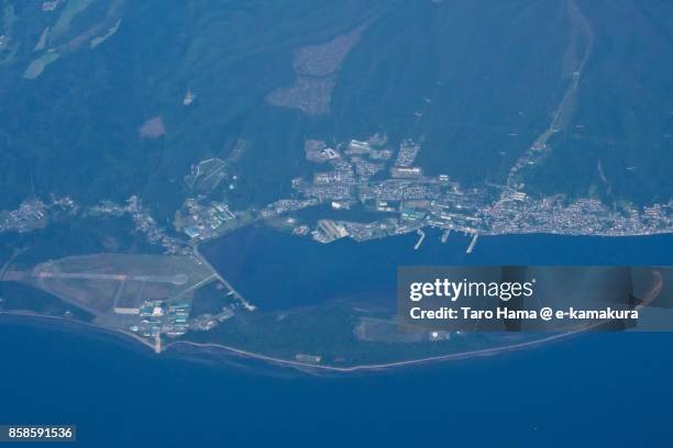 mutsu city in aomori prefecture in japan daytime aerial view from airplane - mutsu ストックフォトと画像