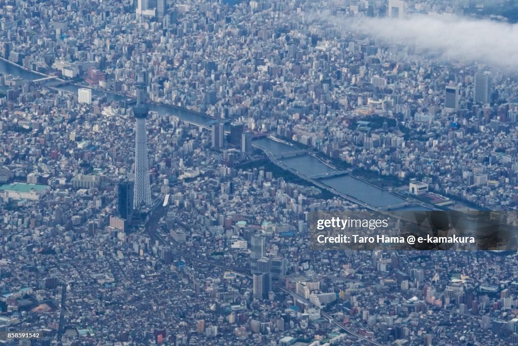 Tokyo Sky Tree in Tokyo in Japan daytime aerial view from airplane