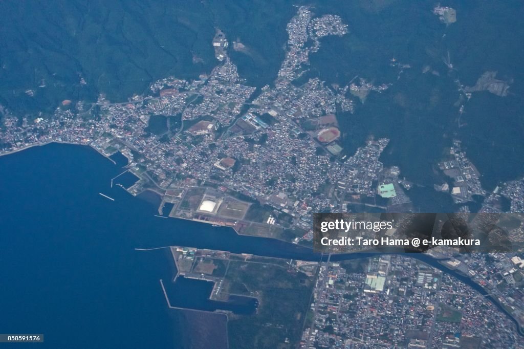 Mutsu city in Aomori prefecture in Japan daytime aerial view from airplane