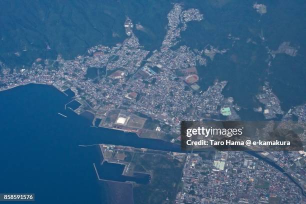 mutsu city in aomori prefecture in japan daytime aerial view from airplane - mutsu stock pictures, royalty-free photos & images