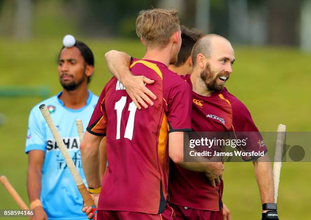 Jacob Anderson and Matthew Swann celebrates queenslands second goal during the men's 2017 Australian Hockey League Semi Final Game 2 between India...