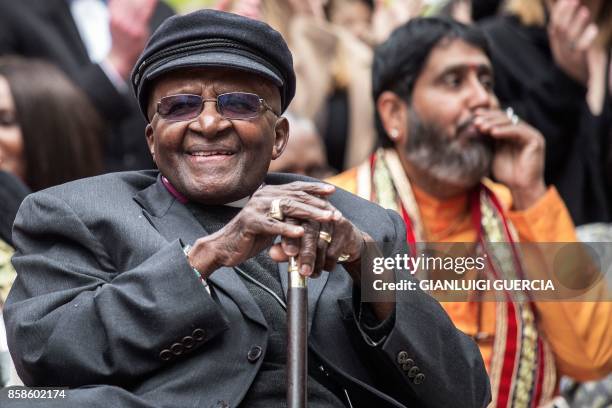 Nobel Peace Prize laureate and South African icon Archbishop Desmond Tutu attends the unveiling ceremony of the Arch for the Arch monument as part of...