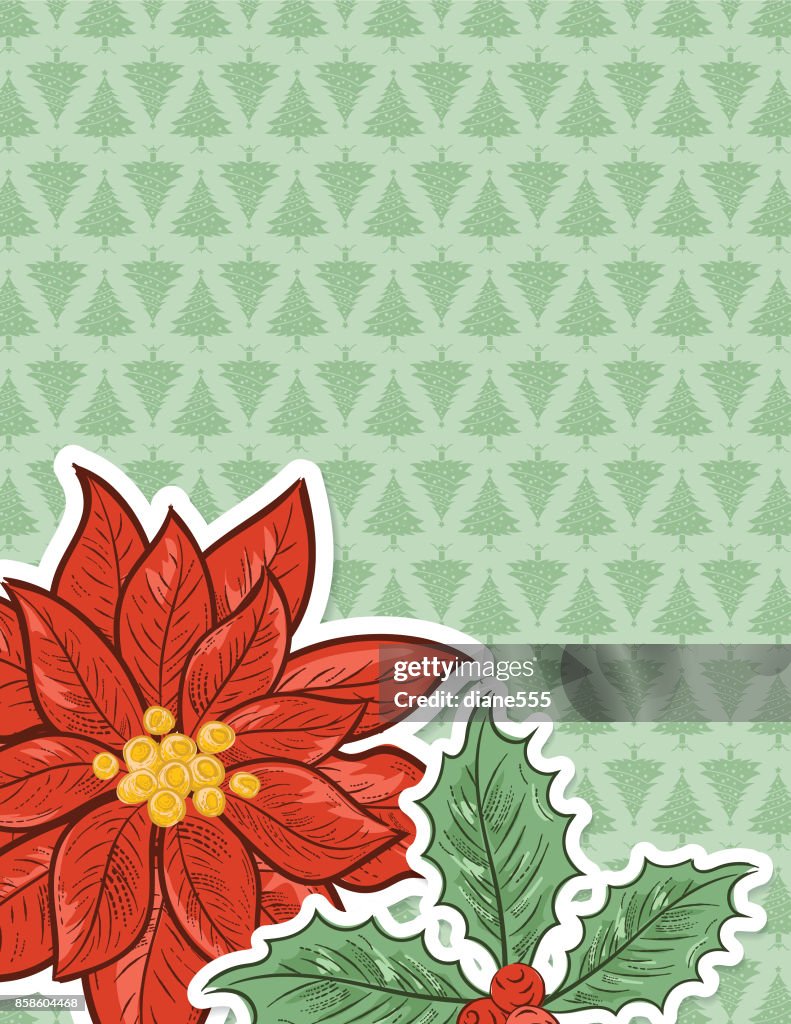 Christmas Poinsettia Background With Christmas Tree Pattern