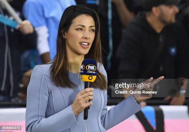 Tara Rushton commentates from sidelines during the round one A-League match between the Melbourne Victory and Sydney FC at Etihad Stadium on October...
