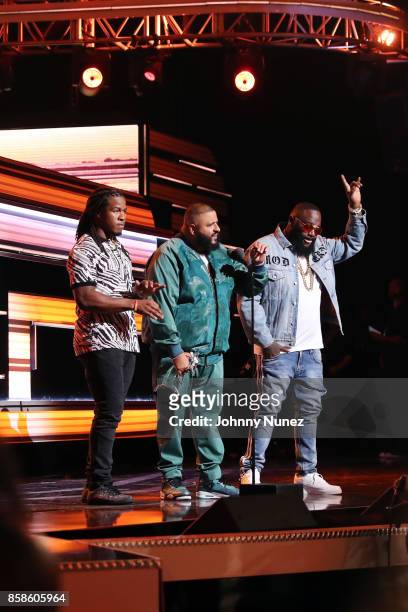 Devonta Freeman, DJ Khaled, and Rick Ross appear onstage during the 2017 BET Hip Hop Awards on October 6, 2017 in Miami Beach, Florida.