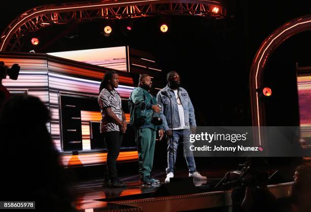 Devonta Freeman, DJ Khaled, and Rick Ross appear onstage during the 2017 BET Hip Hop Awards on October 6, 2017 in Miami Beach, Florida.