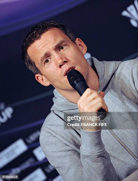 Paris Saint-Germain goalkeeper Mickael Landreau gives a press conference on April 08 at the Parc des Princes stadium in Paris, on the eve of their...