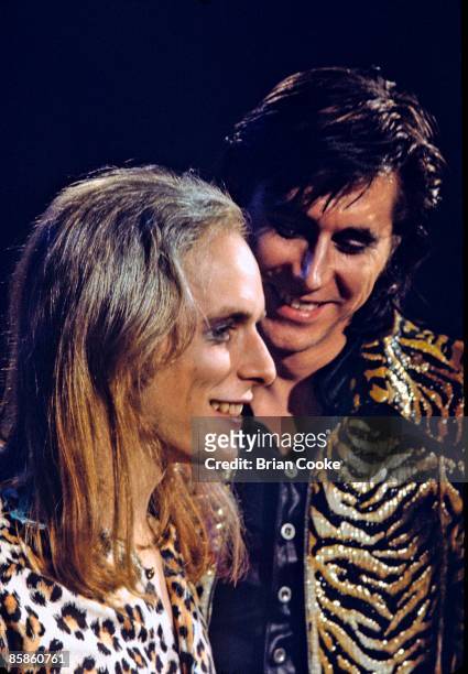 Brian Eno & Bryan Ferry of Roxy Music at the Royal College Of Art video studio in London on July 5 1972