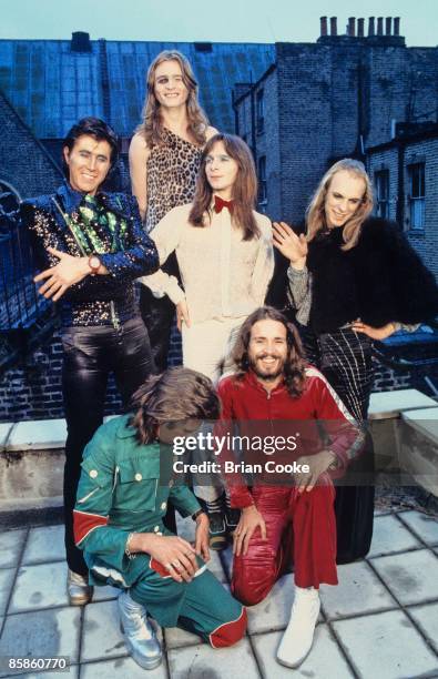 Bryan Ferry, Paul Thompson, Rik Kenton, Brian Eno Andy Mackay, Phil Manzanera, Roxy Music posed group shot from studio photo shoot in West London on...