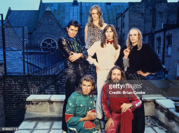 Bryan Ferry, Paul Thompson, Rik Kenton, Brian Eno Andy Mackay, Phil Manzanera, Roxy Music posed group shot from studio photo shoot in West London on...