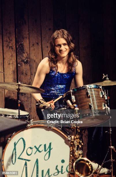 Paul Thompson of Roxy Music posed behind his drum kit at the Royal College Of Art video studio in London on July 5 1972