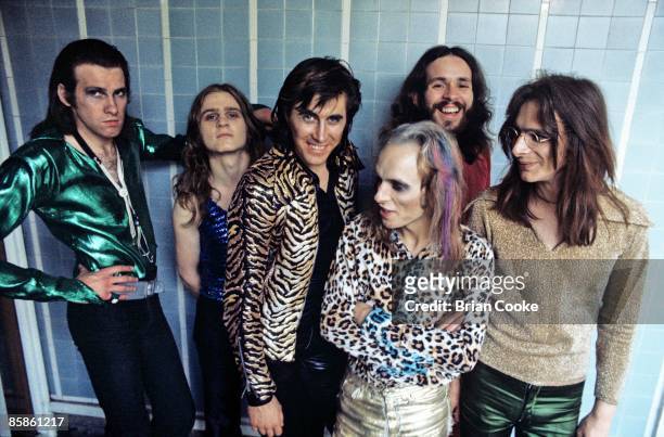 Andy Mackay, Paul Thompson, Bryan Ferry, Brian Eno, Phil Manzanera, Rik Kenton, Roxy Music posed group shot at the Royal College Of Art in London on...