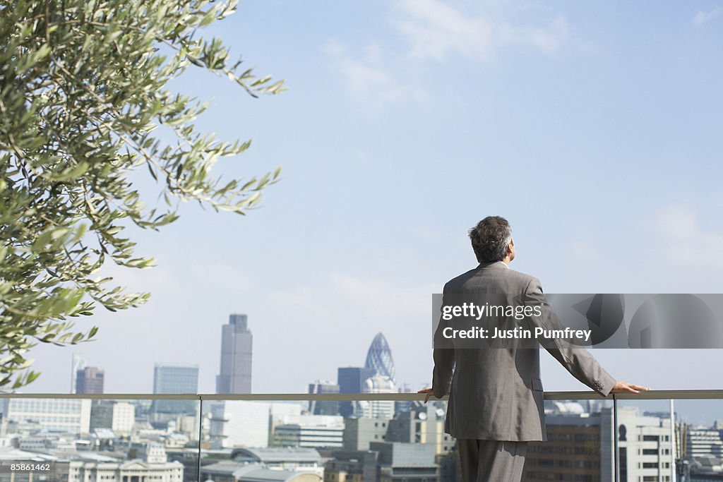 Businessman on rooftop, cityscape in background