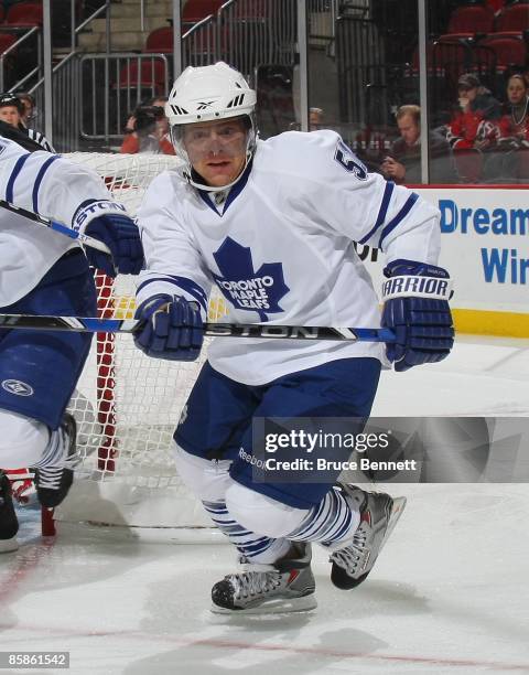 Jeff Hamilton of the Toronto Maple Leafs skates against the New Jersey Devils on April 7, 2009 at the Prudential Center in Newark, New Jersey. The...