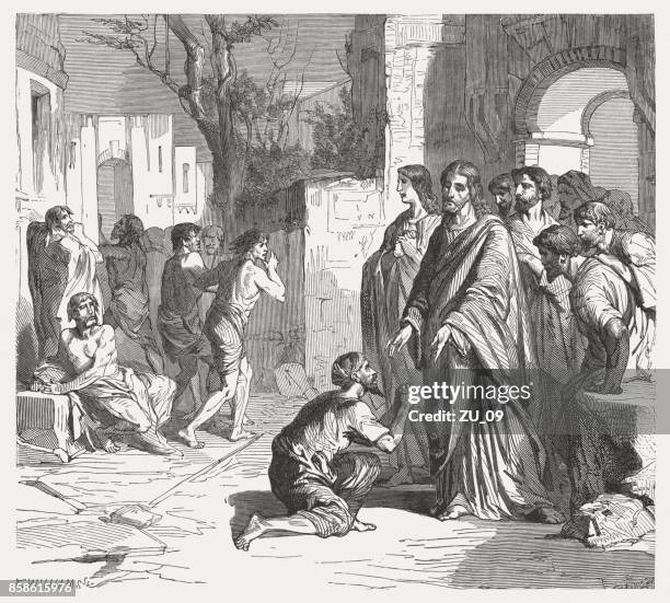 the grateful leper (luke 17, 11-19), wood engraving, published 1886 - leper king terrace stock illustrations