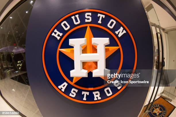 Houston Astros logo displayed on the wall of Minute Maid Park prior to game two of American Division League Series between the Houston Astros and the...