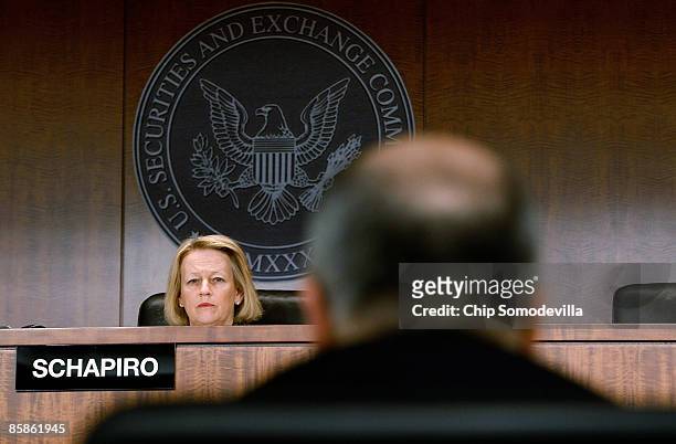 Securities and Exchange Commission Chairman Mary L. Schapiro makes opening remarks during a public hearing at the SEC headquarters April 8, 2009 in...
