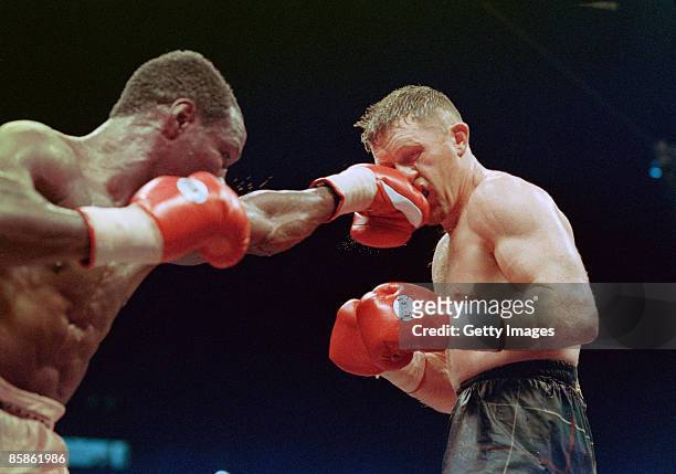 Boxers Chris Eubank and Steve Collins competing in a WBO super middleweight title fight at Green Glens Arena, Millstreet, Ireland, 18th March 1995....