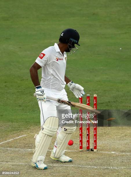 Dimuth Karunaratne of Sri Lanka is bowled by Wahab Riaz of Pakistan during Day Two of the Second Test between Pakistan and Sri Lanka at Dubai...