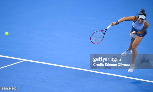 Caroline Garcia of France serves during her Women's Singles Semifinal match against Petra Kvitova of the Czech Republic on day eight of 2017 China...