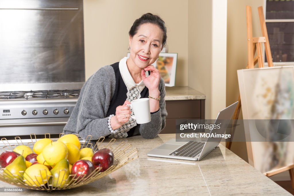 Fashionable mature woman using laptop