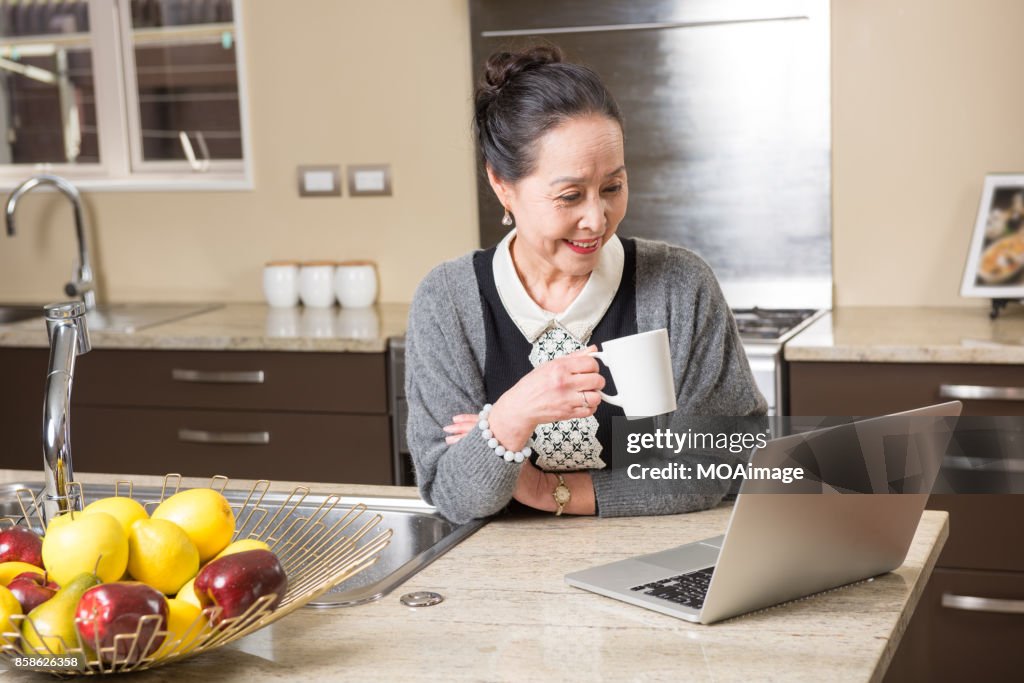 Fashionable mature woman using laptop
