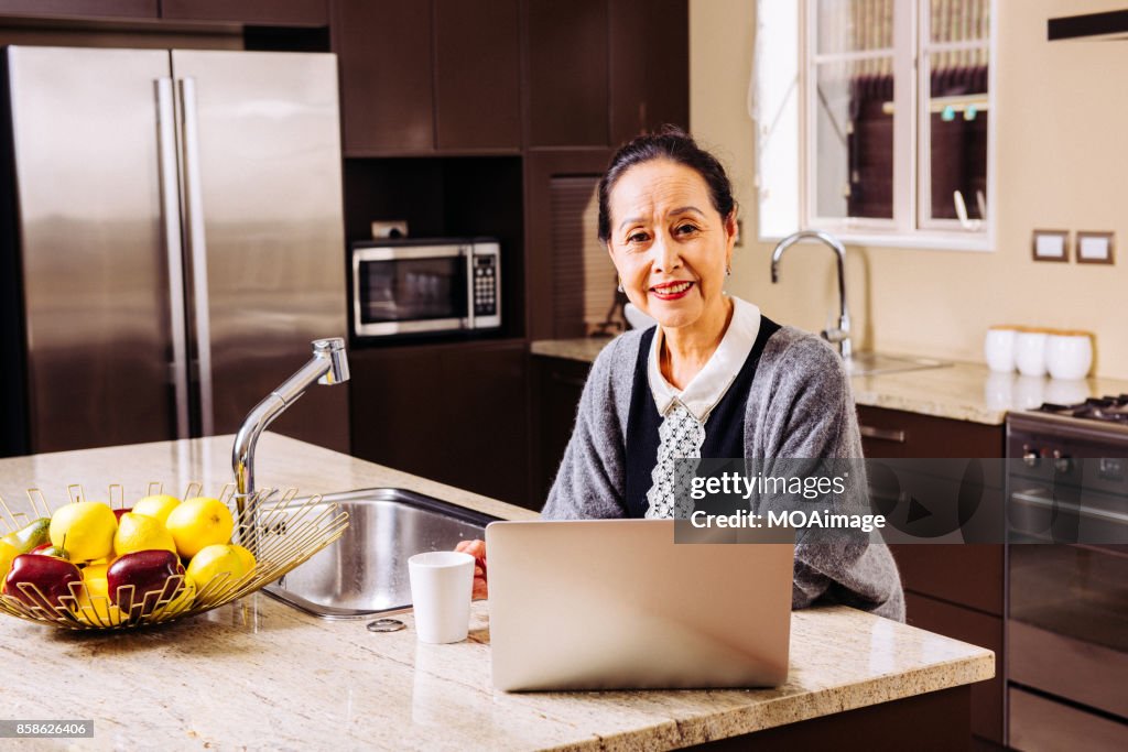 Fashionable mature woman using laptop